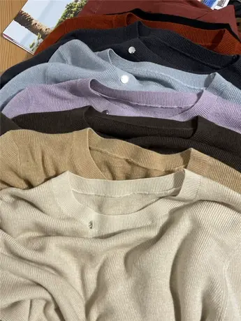 高性价比！刚需内搭！金属扣圆领羊毛针织衫女修身显瘦薄款打底衫商品大图