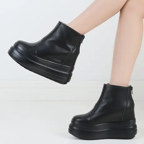 真皮马丁靴女2023年新款冬加绒厚底内增高短靴10cm英伦风坡跟单靴商品大图