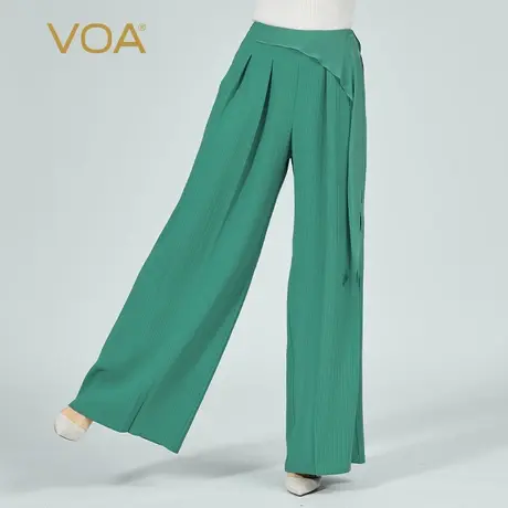 VOA41姆米无界桑蚕丝碧绿自然腰立体装饰拼接乔其丝绸真丝阔腿裤商品大图