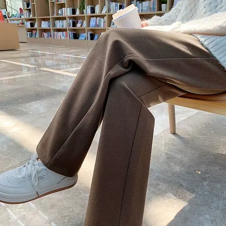 港味咖啡色毛呢阔腿裤女2023秋冬新款宽松休闲卡其直筒长裤西装裤图片