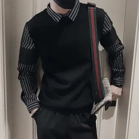 假两件毛衣男冬款条纹拼接衬衫领针织打底衫ins爆款加厚打底线衣商品大图