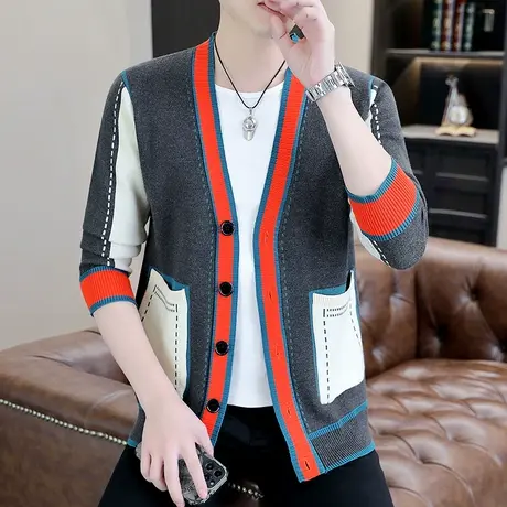 拼接毛衣男秋季针织开衫外套ins潮流设计感个性帅气撞色时尚外搭商品大图