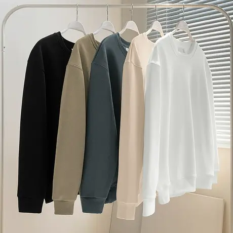 320g重磅卫衣男士秋冬加绒加厚纯色白色圆领无帽长袖t恤潮流百搭商品大图