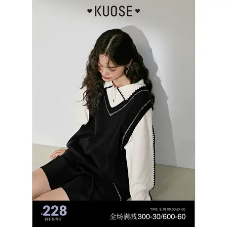 阔色学院风假两件马甲背心毛衣秋冬女长袖针织衫中长款上衣黑图片