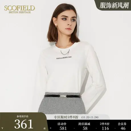 Scofield通勤圆领伯爵兔印花休闲白色长袖T恤女装秋季新款商品大图