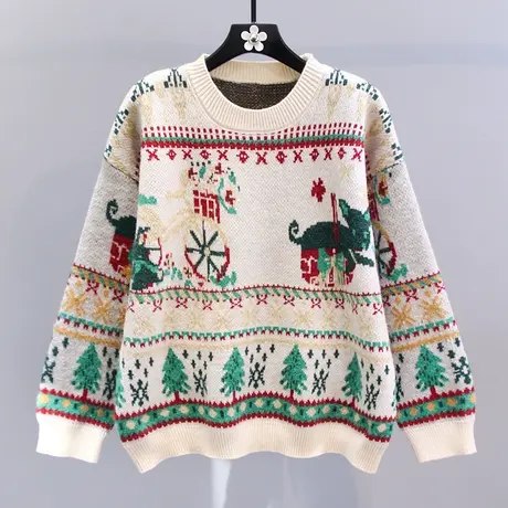 复古提花圣诞毛衣女冬季2023年新款宽松慵懒风针织打底衫洋气上衣图片