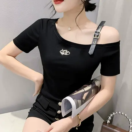 欧货一字领女装性感露肩短袖T恤洋气网红修身小衫设计感别致上衣图片