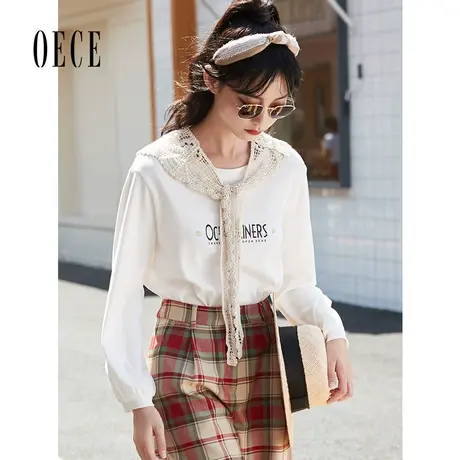 Oece春装女装 阳光少女甜减龄个性字母印花百搭长袖T恤图片