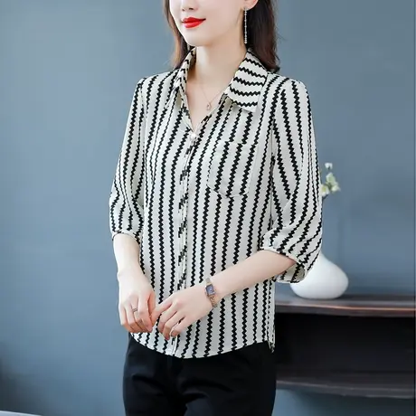 中袖雪纺衬衫女夏季2023新款时尚漂亮条纹宽松遮肚女上衣减龄小衫商品大图