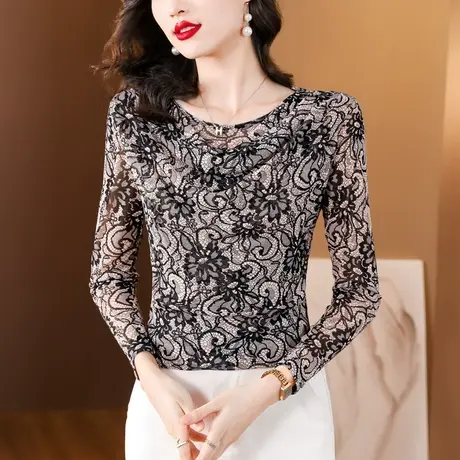 蕾丝网纱打底衫女秋冬季内搭上衣高级感2023新款小衫花色修身t恤图片