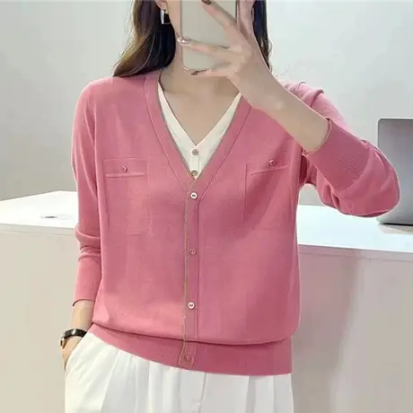 2023秋冬新款假两件拼接针织开衫外套V领长袖宽松韩版显瘦上衣女图片