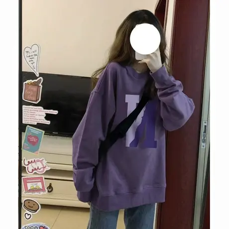 秋冬冬纯棉卫衣女美式复古圆领长袖2024新款爆款小个子慵懒风外套商品大图