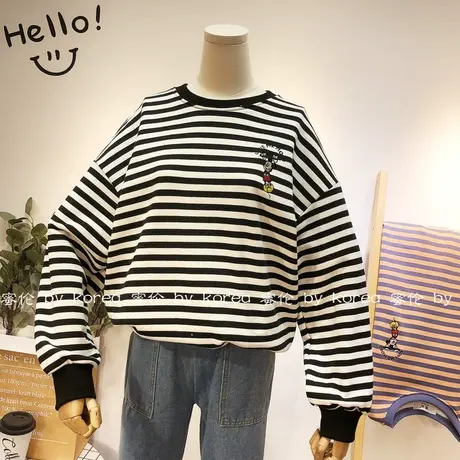 2020早秋新款条纹卫衣韩国东大门ins刺绣宽松毛圈棉卫衣外套大码图片