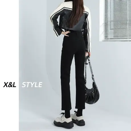 黑色直筒牛仔裤女秋冬2023新款高腰显瘦加绒加厚九分小个子烟管裤图片