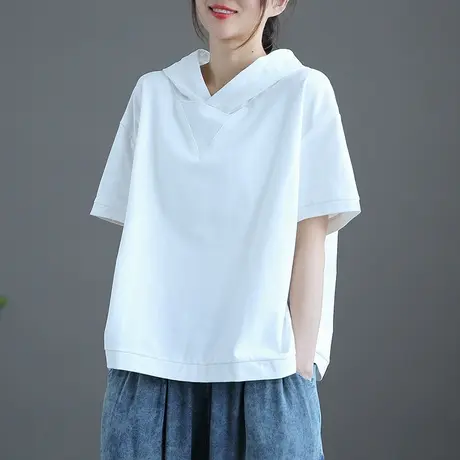 dza复古纯棉连帽短袖t恤女士2023夏季短款连帽上衣宽松薄款打底衫商品大图