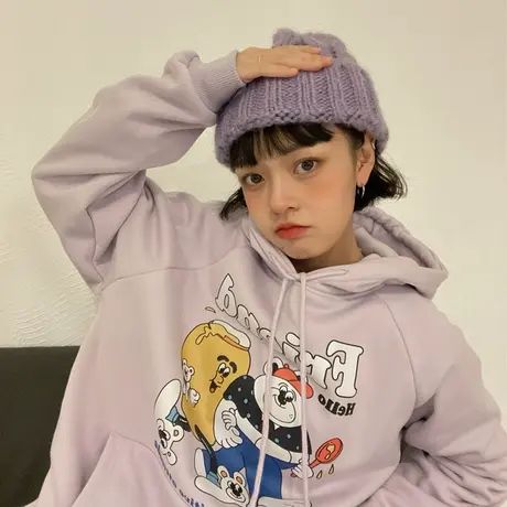 红续卡通熊加绒加厚连帽紫色卫衣女奶甜少女日系ins外套秋冬新款图片