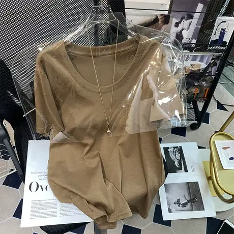 大领口t恤女宽松纯棉圆领ins潮小众设计感轻熟百搭纯色短袖上衣夏商品大图