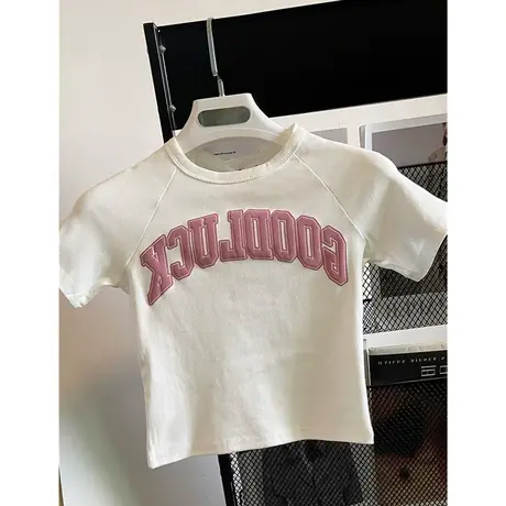 设计感修身短款t恤女夏季新款圆领薄款短袖白色高腰紧身露脐上衣商品大图