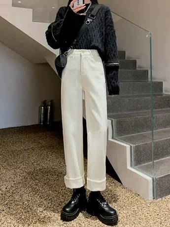 薄款小个子米白色牛仔裤女直筒宽松2023春秋高腰显瘦小个子阔腿裤图片