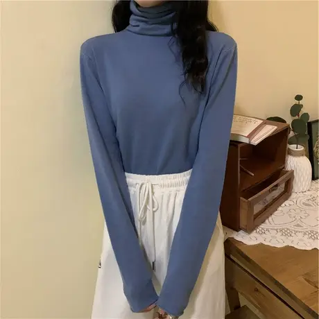 2024新款春秋冬季新款内搭半高领打底衫白色洋气长袖t恤女上衣服图片