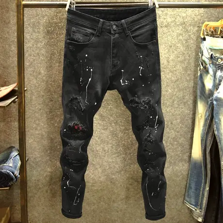 黑色泼墨牛仔裤男潮牌修身显瘦长裤春秋款刮烂补丁痞帅破洞小脚裤商品大图