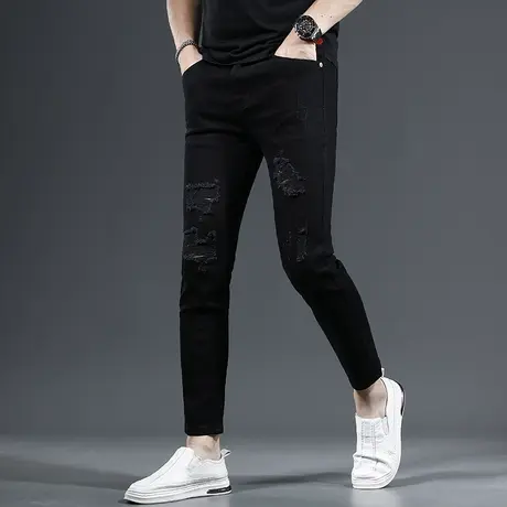 纯黑色破洞九分牛仔裤男修身小脚夏季薄款2023新款弹力男士裤子图片