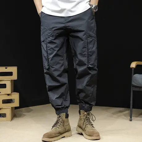 速干冰丝工装裤男春秋宽松束脚潮牌大码黑色工装裤子休闲男裤薄款商品大图
