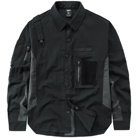 VIP黑色长袖衬衫外套设计感小众拼色男士工装衬衣机能多口袋上衣商品大图