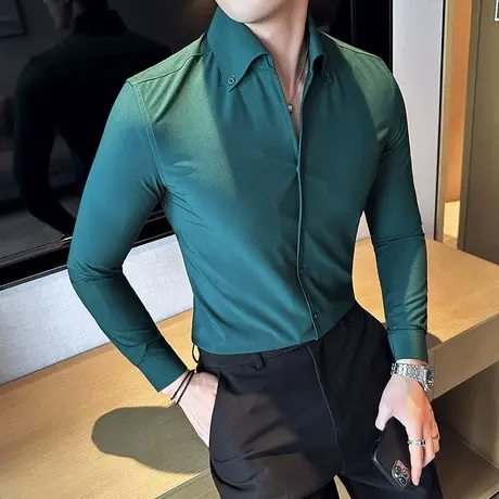 法式大领子衬衫男长袖秋季新款小性感修身气质上衣V领腔调白衬衣图片