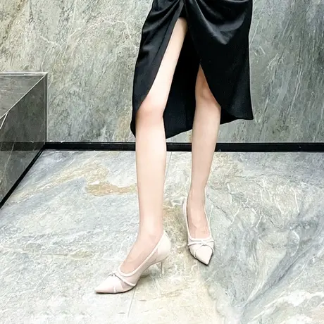 高跟鞋女2023新款网纱透气百搭细跟性感水钻气质职业浅口尖头单鞋商品大图