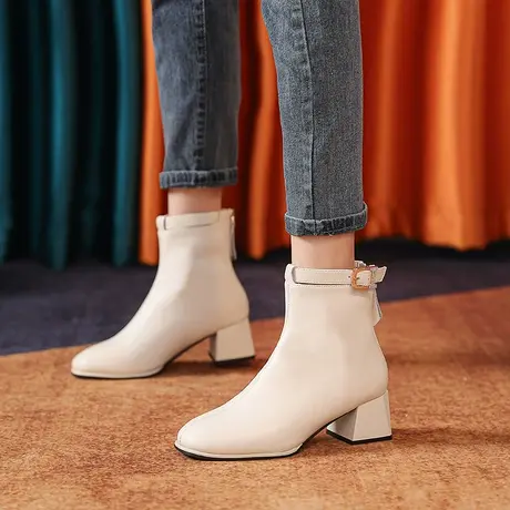 2024年新款百搭英伦风切尔西瘦瘦靴女粗跟秋冬气质性感方头短筒靴商品大图