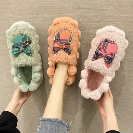 可爱蝴蝶结棉拖鞋女冬季厚底包跟情侣居家室内防滑毛绒保暖棉鞋男商品大图