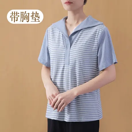 带胸垫短袖翻领条纹T恤中老年妈妈V领上衣夏商品大图