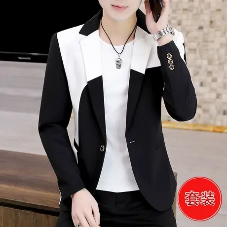 潮牌春秋季西装外套男士韩版帅气潮流拼色款小西服裤子搭配一套装图片