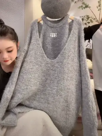 慵懒风套装软糯长袖针织衫中长款内搭吊带背心两件套毛衣百搭上衣图片