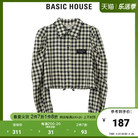 Basic House/百家好2021秋季韩风时尚格纹衬衫泡泡袖上衣HVWS528A图片