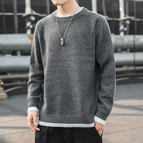 圆领毛衣男士春秋季宽松潮流针织衫加绒加厚秋冬款潮牌男装打底衫图片