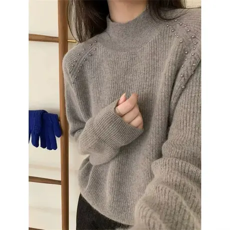 半高领钉珠加厚毛衣女2023年秋冬慵懒风新款针织上衣打底内搭秋冬图片