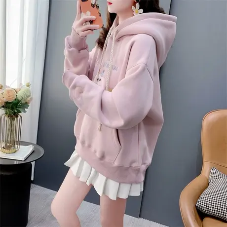 学院风刺绣卡通加绒加厚连帽卫衣女2023新款秋冬宽松洋气减龄外套图片