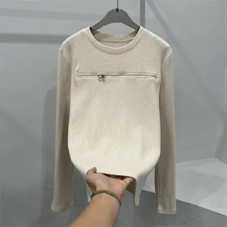欧货宽松洋气坑条绒圆领加厚长袖T恤女秋冬设计感小众打底衫上衣图片