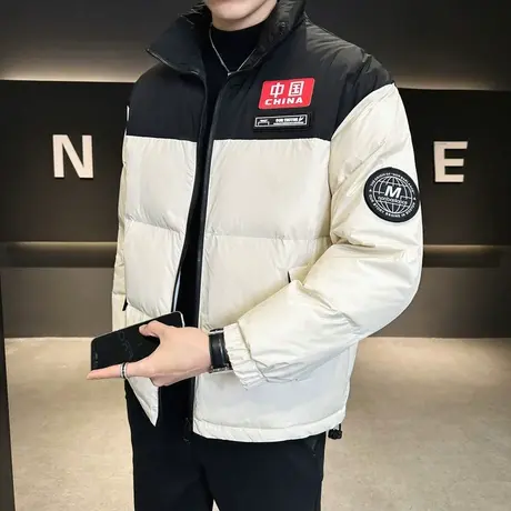 2023冬季新款立领贴标羽绒服男士潮修身拼色印花棉衣加厚保暖外套图片