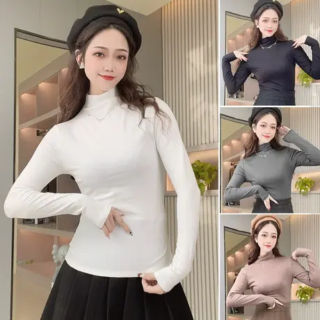 高级感半高领长袖打底衫t恤女秋冬2022新款短款修身内搭辣妹上衣商品大图