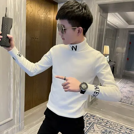 冬季男士毛衣针织衫快手打底衫线衣修身套头刺绣潮流百搭高领体恤商品大图