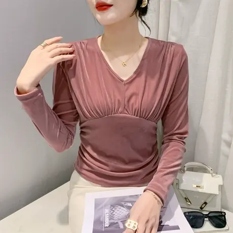 欧货女装金丝绒春秋2024新款褶皱拼接V领T恤内塔上衣女修身打底衫商品大图