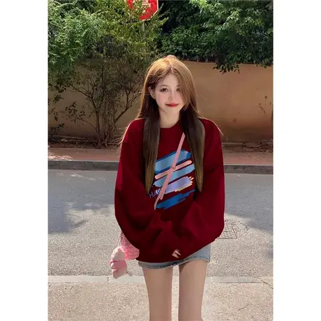 酒红色圆领加绒卫衣女2024新款秋冬季美式复古慵懒风下衣失踪上衣图片