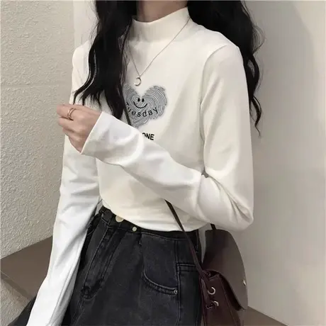 高级感德绒半高领打底衫女春秋冬季新款加绒加厚内搭长袖T恤上衣图片