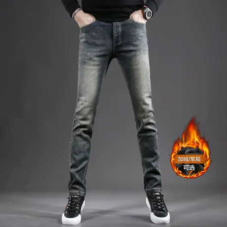 加绒加厚牛仔裤男冬季2023新款修身小脚复古蓝弹力保暖男士裤子商品大图