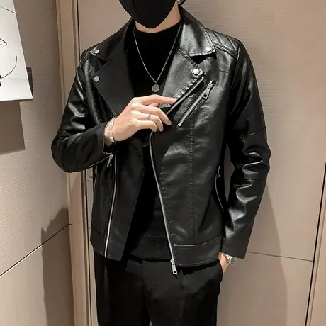 秋冬男皮衣机车服修身斜拉链翻领潮流帅气时尚百搭皮夹克外套ins图片