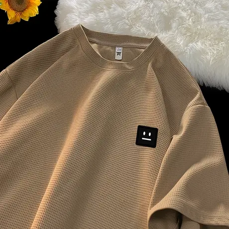 华夫格薄款透气宽松短袖t恤男夏季2023新款潮牌简约休闲半袖上衣商品大图