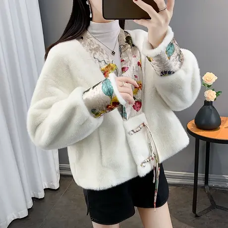 国风新中式水貂绒皮毛一体秋冬加厚短外套2023新款洋气小个子开衫商品大图